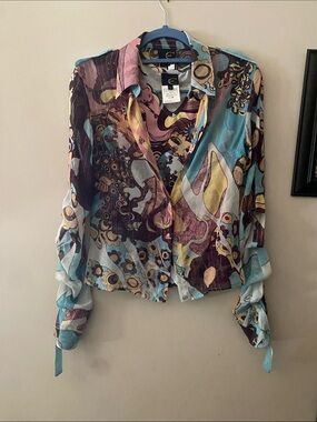Just Cavalli Multicolor Abstract Print Button-Down Silk Blouse & tank NWOT